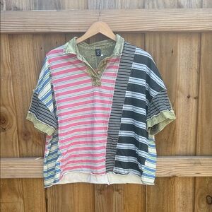 SHEIN Pink and Gray Striped Polo Shirt